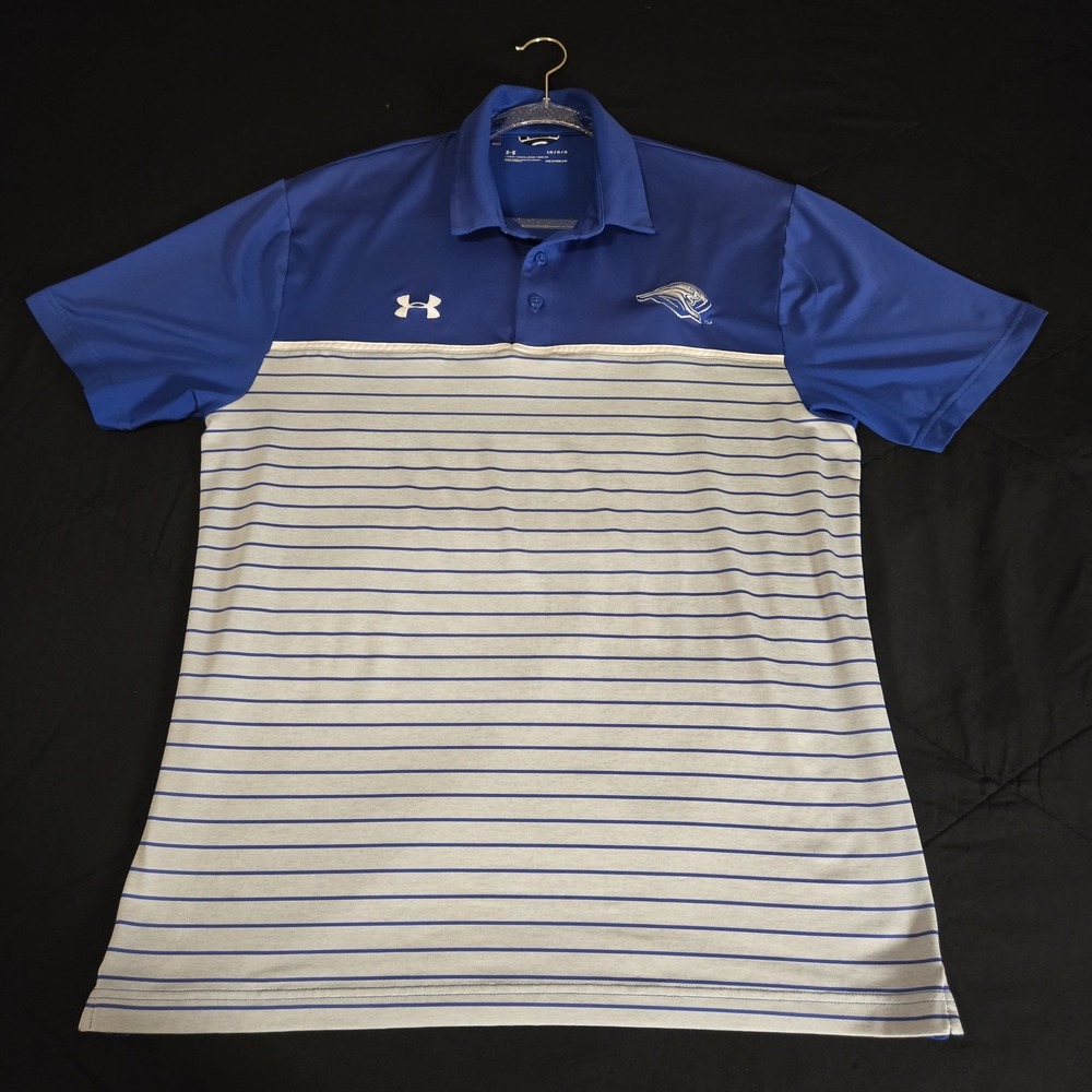 Under‎ Armour Shirt Mens Large Blue Stripe HeatGear Golf Polo Short Sleeve